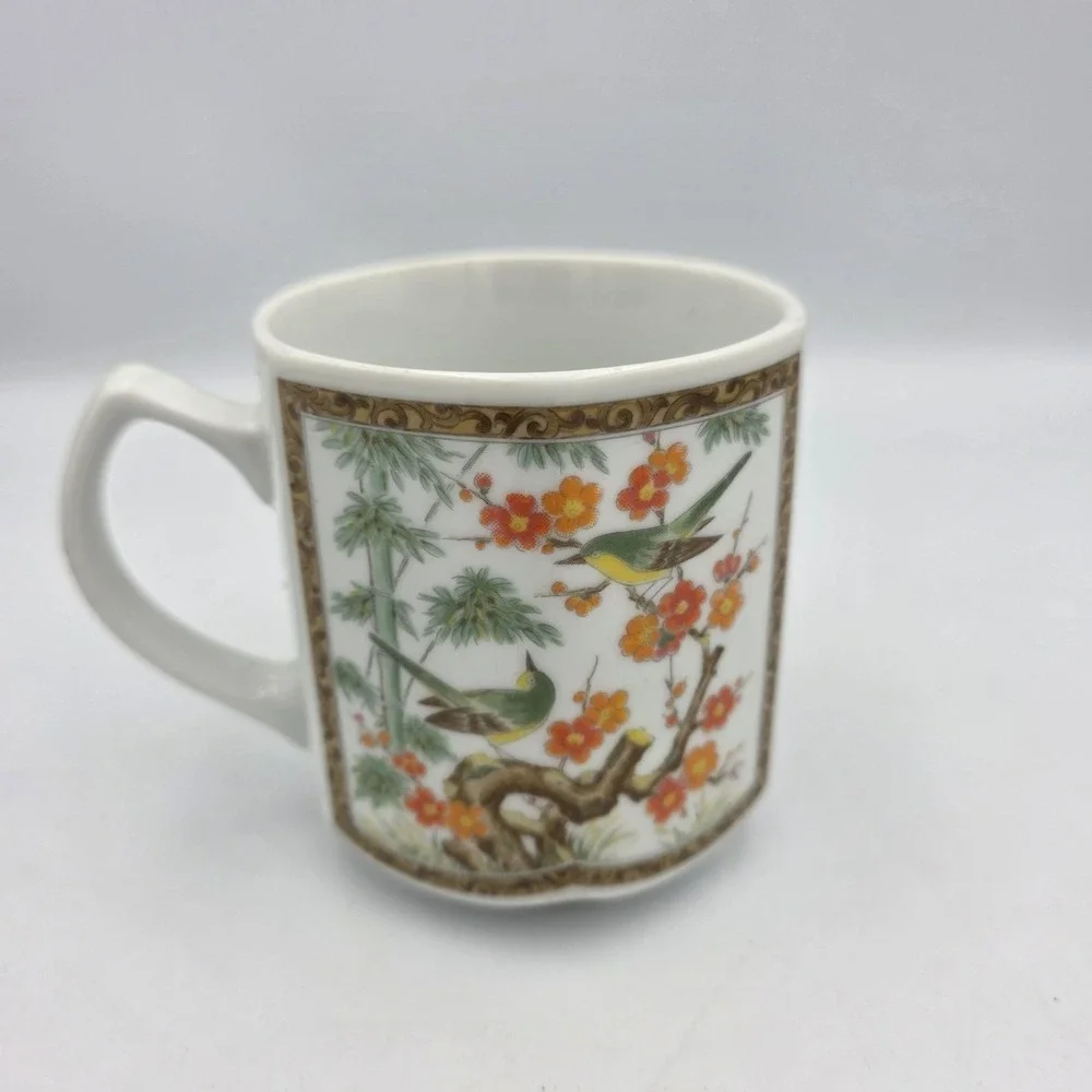 Kutani Japanese Style Orange Flowers  Green Birds Coffee Tea Mug 8oz Porcelain